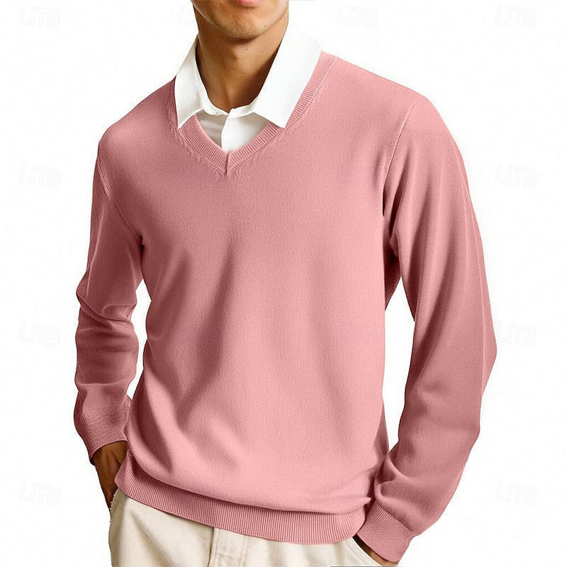 Men's fine knit V-neck jumper shown from the front