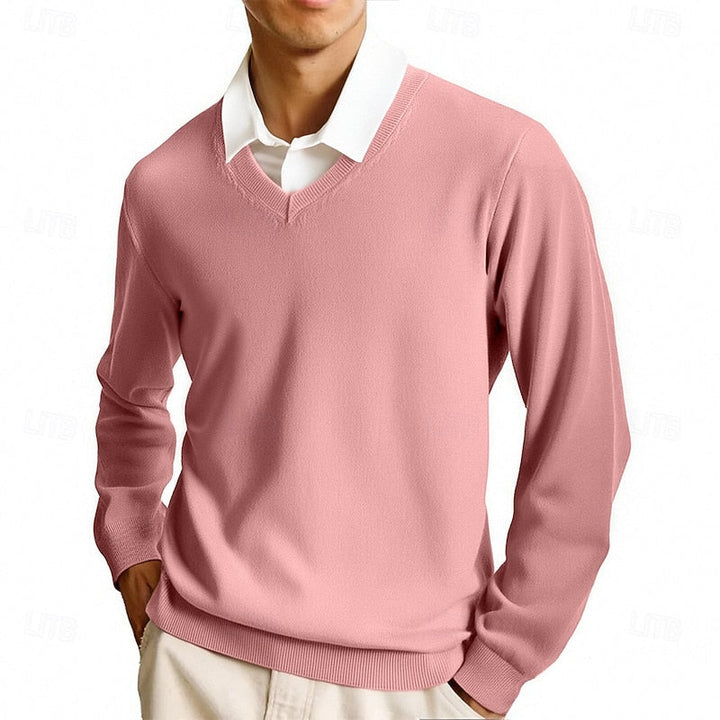 Men's fine knit V-neck jumper shown from the front