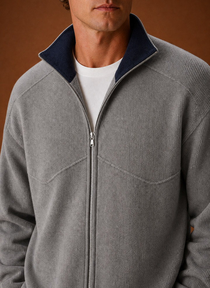 Detail of the collar and zip on a men's knit cardigan jacket