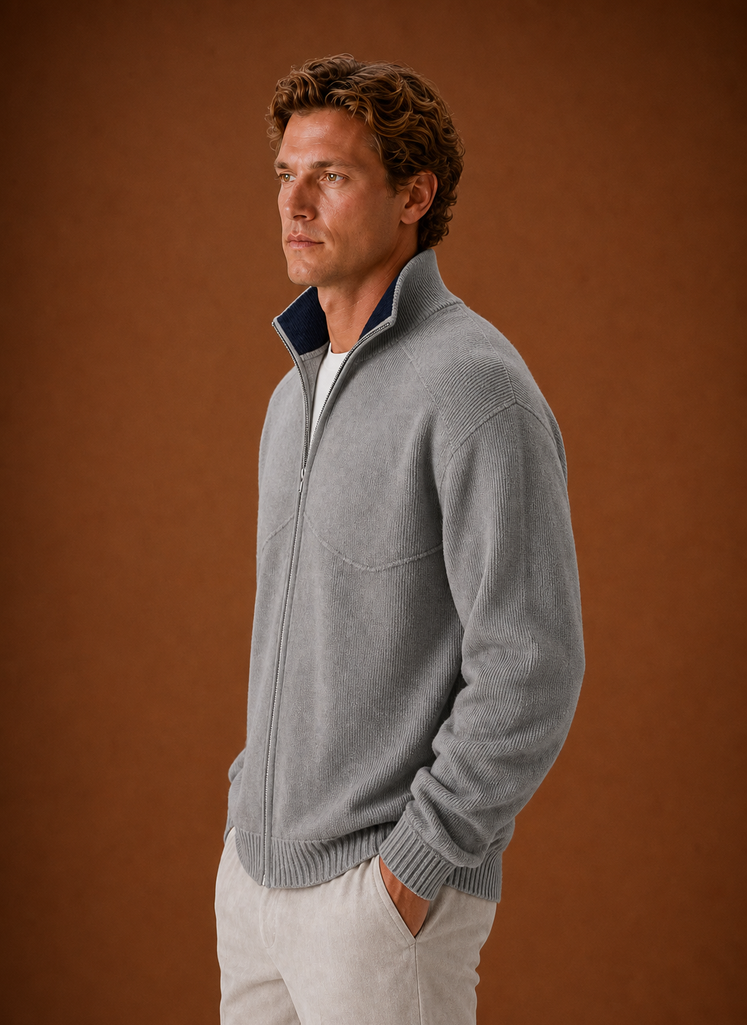 Side view of a men's full-zip knitted cardigan jacket