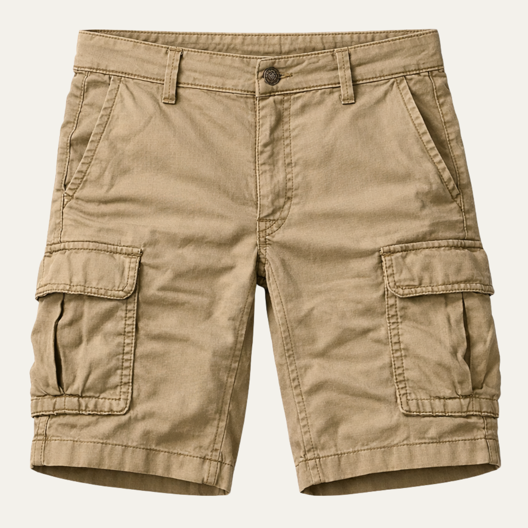 Men's cargo shorts with utility side pockets, angled front view