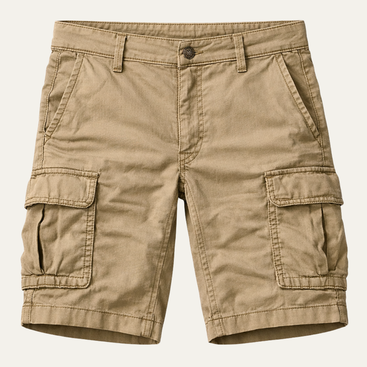 Men's cargo shorts with utility side pockets, angled front view