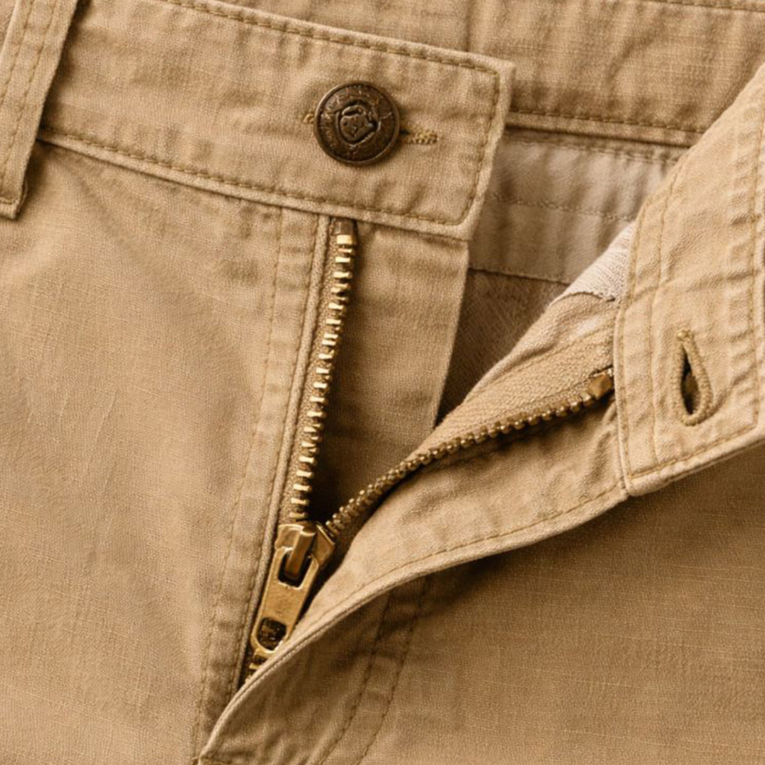 Men's cargo shorts with side pockets, rear view