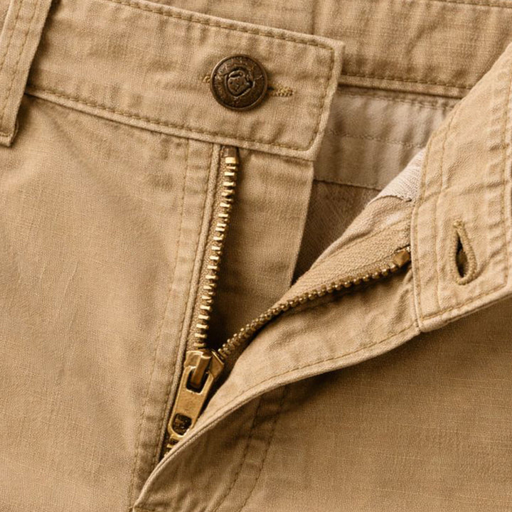 Men's cargo shorts with side pockets, rear view