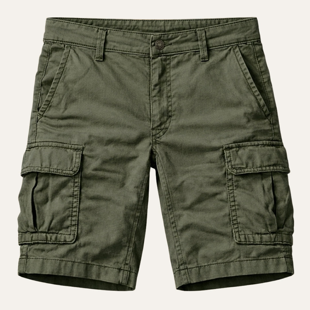 Men's cargo shorts in regular fit laid flat, full front view