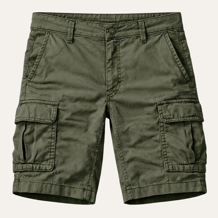Men's cargo shorts in regular fit laid flat, full front view