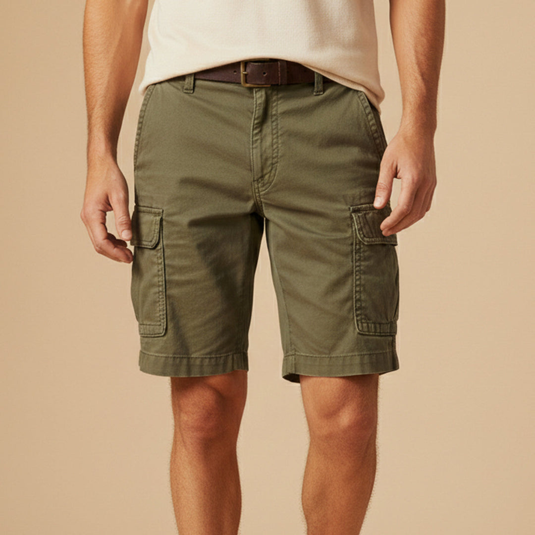 Men's cargo shorts laid flat, full back view