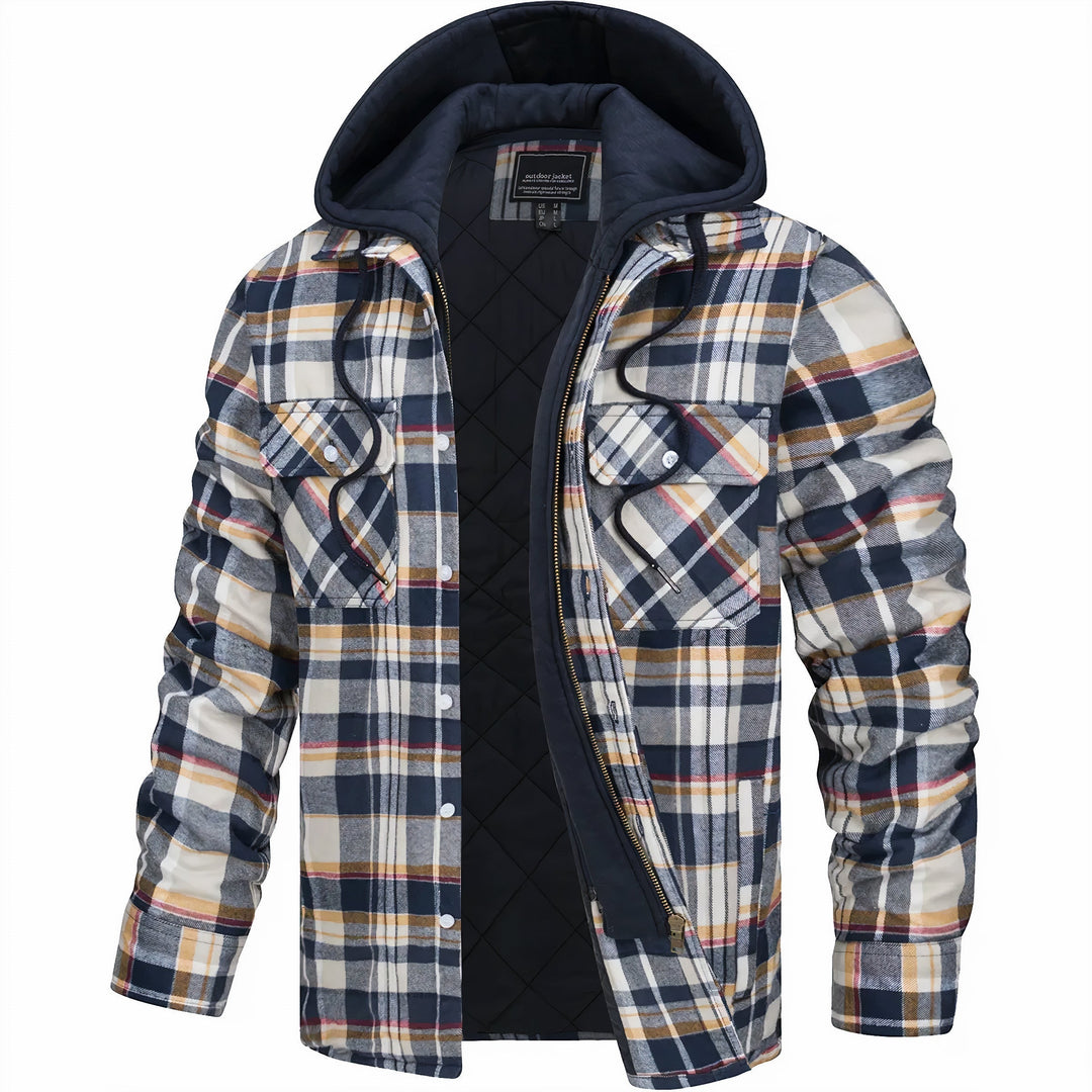 Men's lined hooded check jacket shown from the front