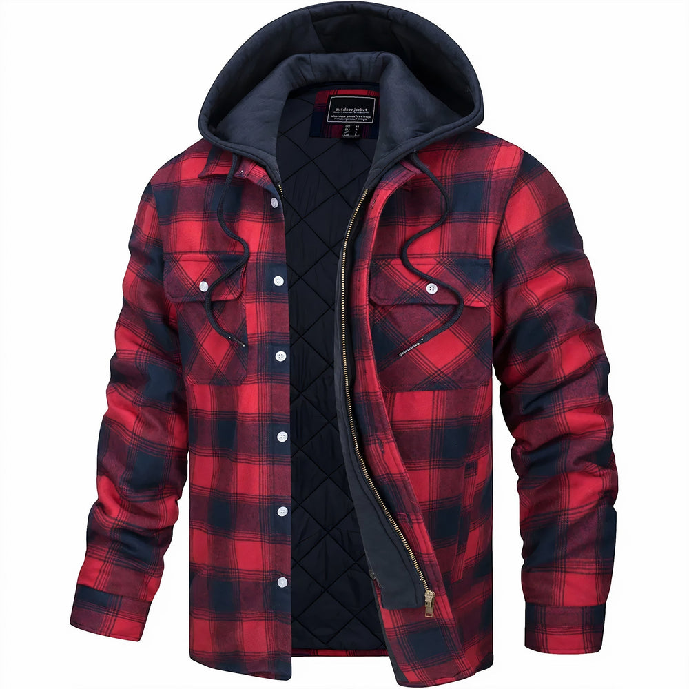 Men's hooded check jacket showing the lined interior