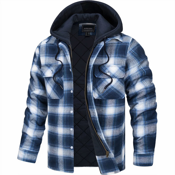 Side view of the men's hooded check jacket