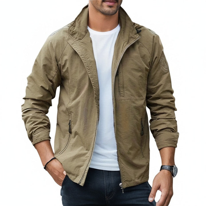 Men's outdoor jacket with hood and front zip pockets