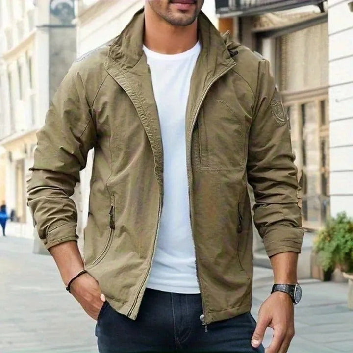 Men's black hooded jacket with full-length zip fastening