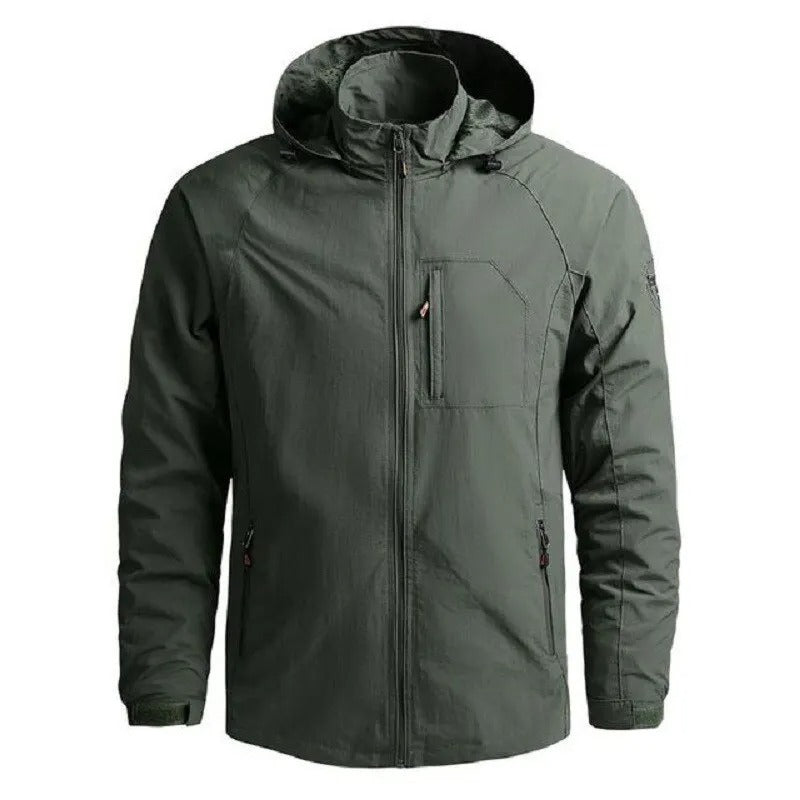Men's outdoor jacket shown with hood and zipped front