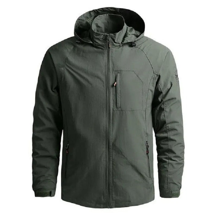 Men's outdoor jacket shown with hood and zipped front