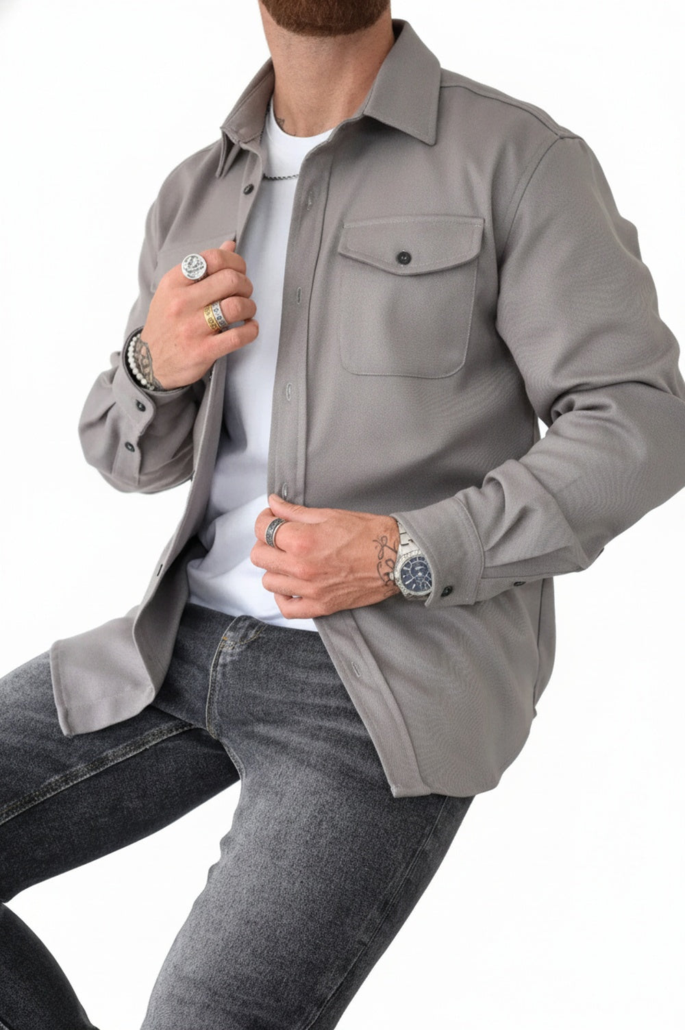 Men's relaxed-fit long-sleeve overshirt shown from the front