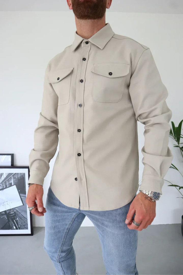 Full view of the men's relaxed-fit overshirt for casual layering