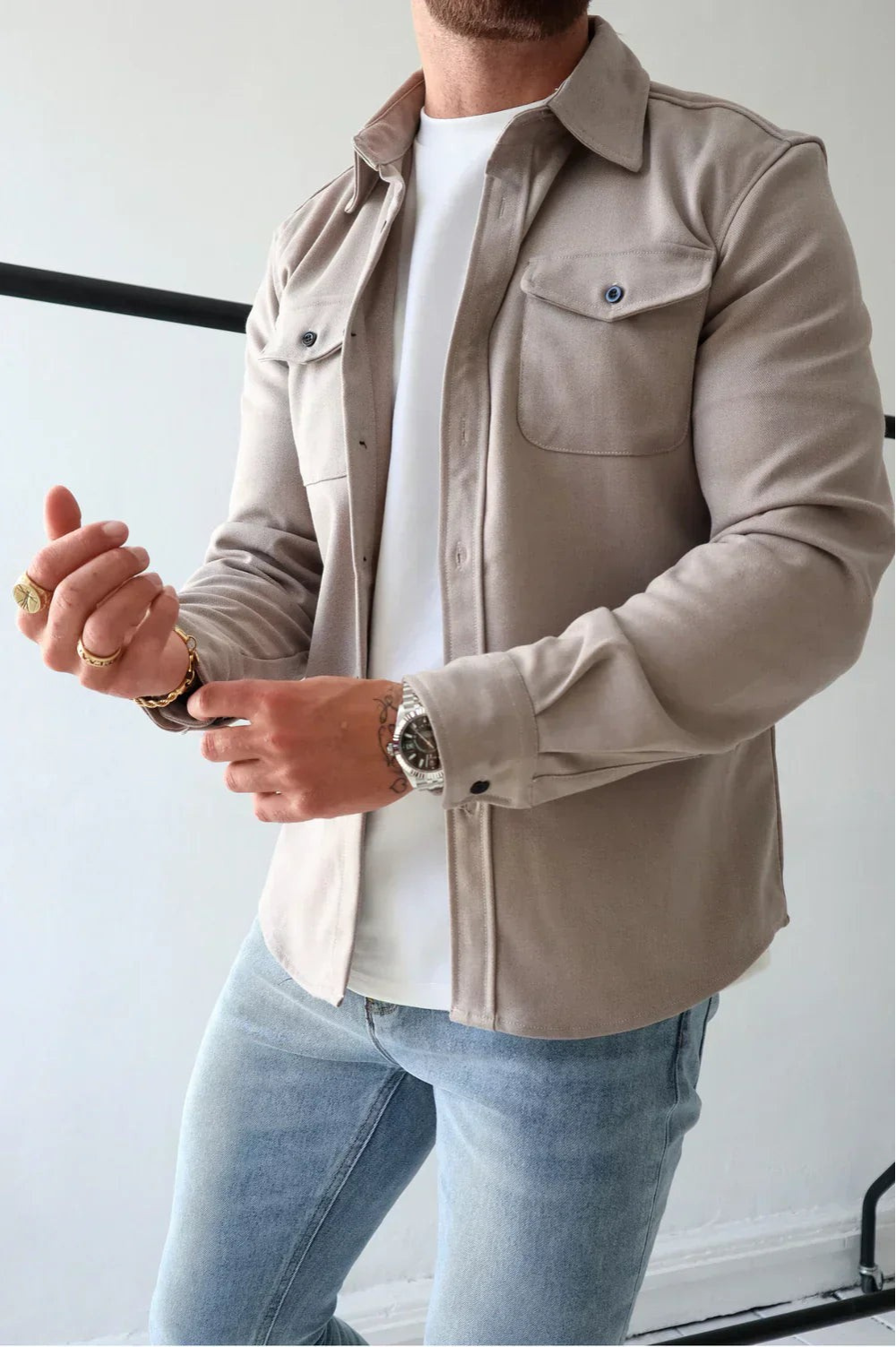 Men's Relaxed Fit Long Sleeve Overshirt With Chest Pockets