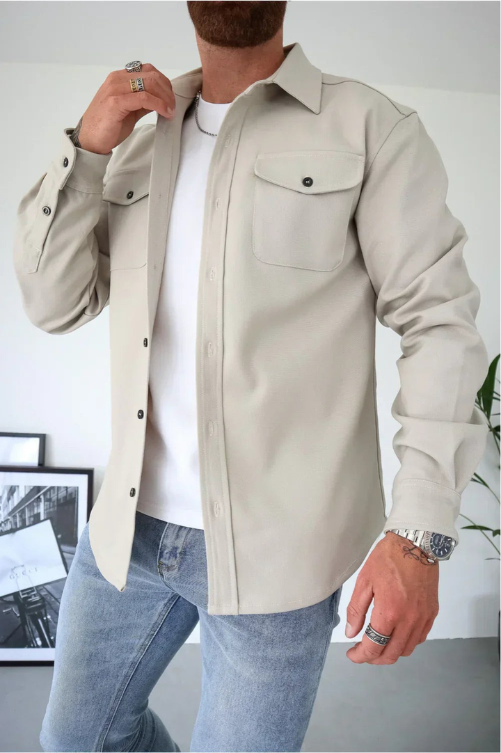 Close-up of the overshirt fabric and classic collar