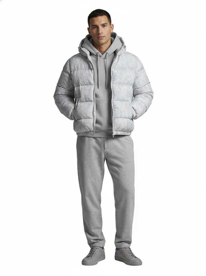 Men's hooded puffer jacket shown from the front