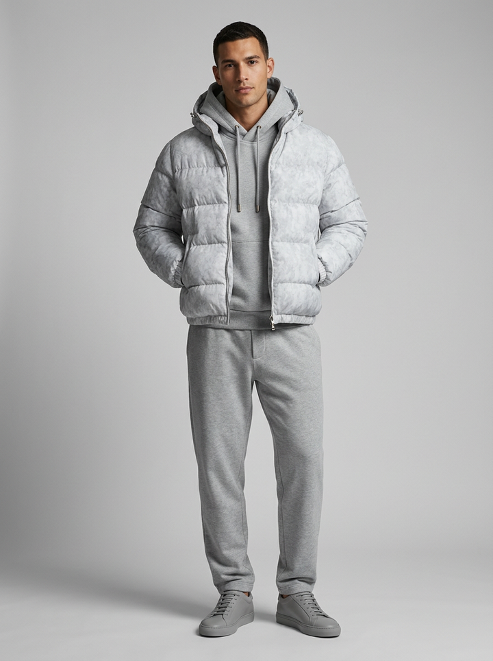 Men's puffer jacket showing the attached hood