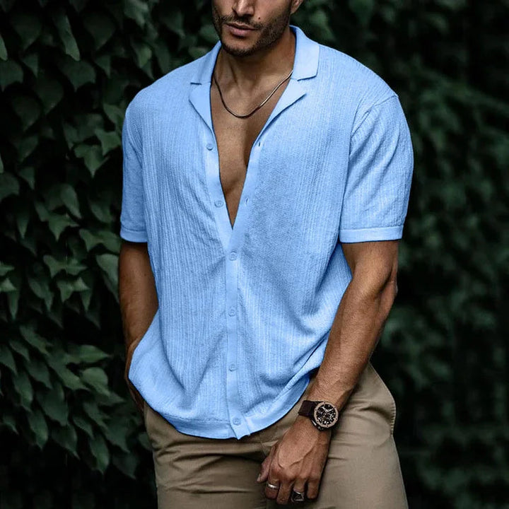 Men's short sleeve revere collar shirt in a relaxed fit, back view