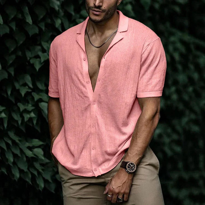 Men's short sleeve revere collar shirt styled for a casual warm-weather look