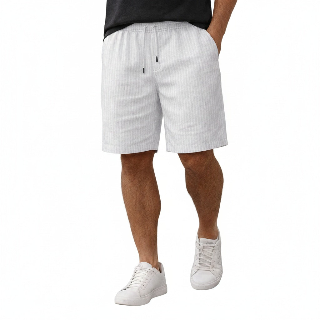 Men's striped regular fit shorts with elasticated drawstring waist, front view