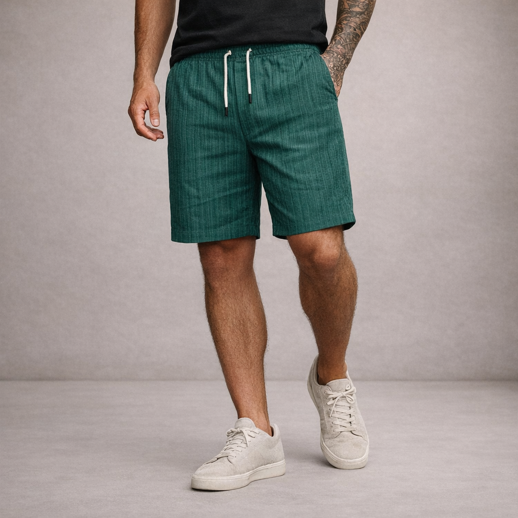 Close-up of leg opening and striped pattern on regular fit shorts
