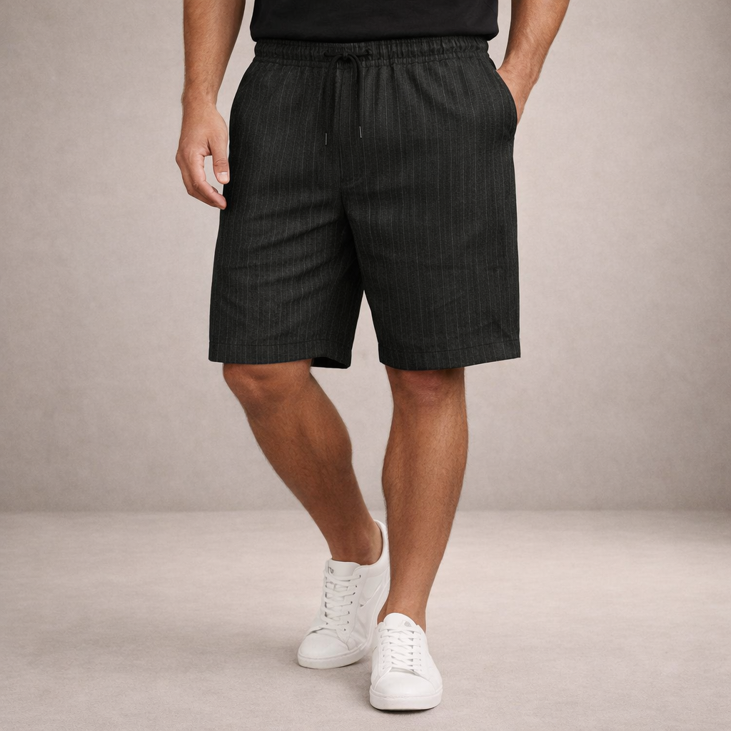 Men's striped regular fit shorts styled on model, back view