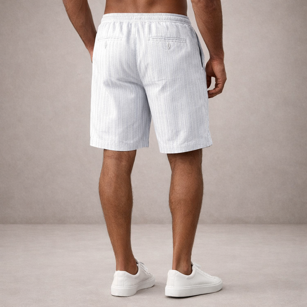 Side view of men's striped regular fit shorts with elasticated waistband