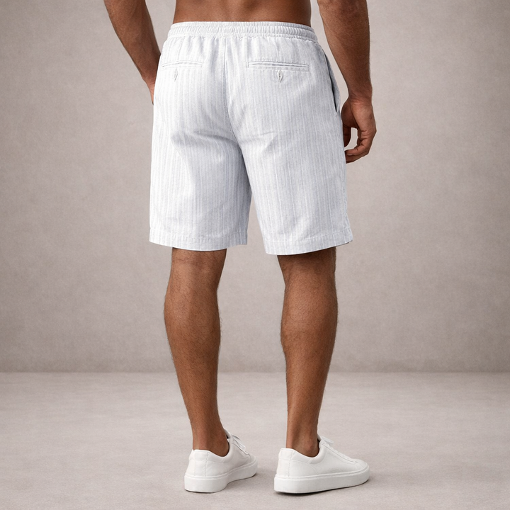 Side view of men's striped regular fit shorts with elasticated waistband