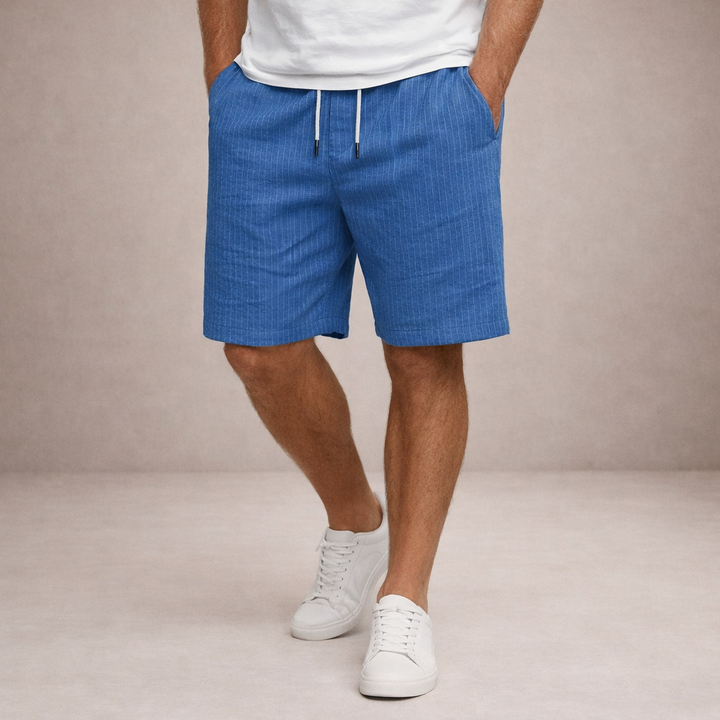 Men's striped regular fit shorts shown laid flat from the front