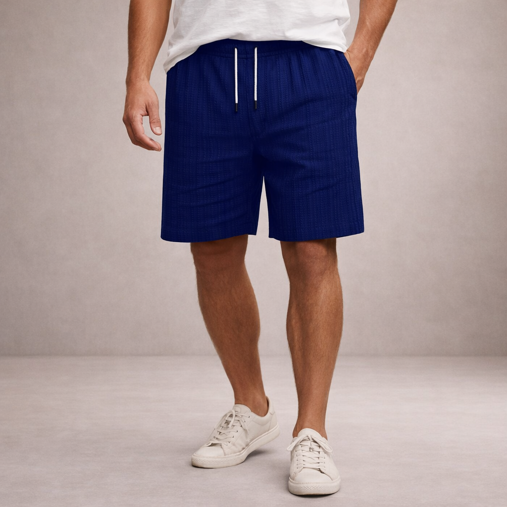 Men's striped regular fit shorts shown laid flat from the back
