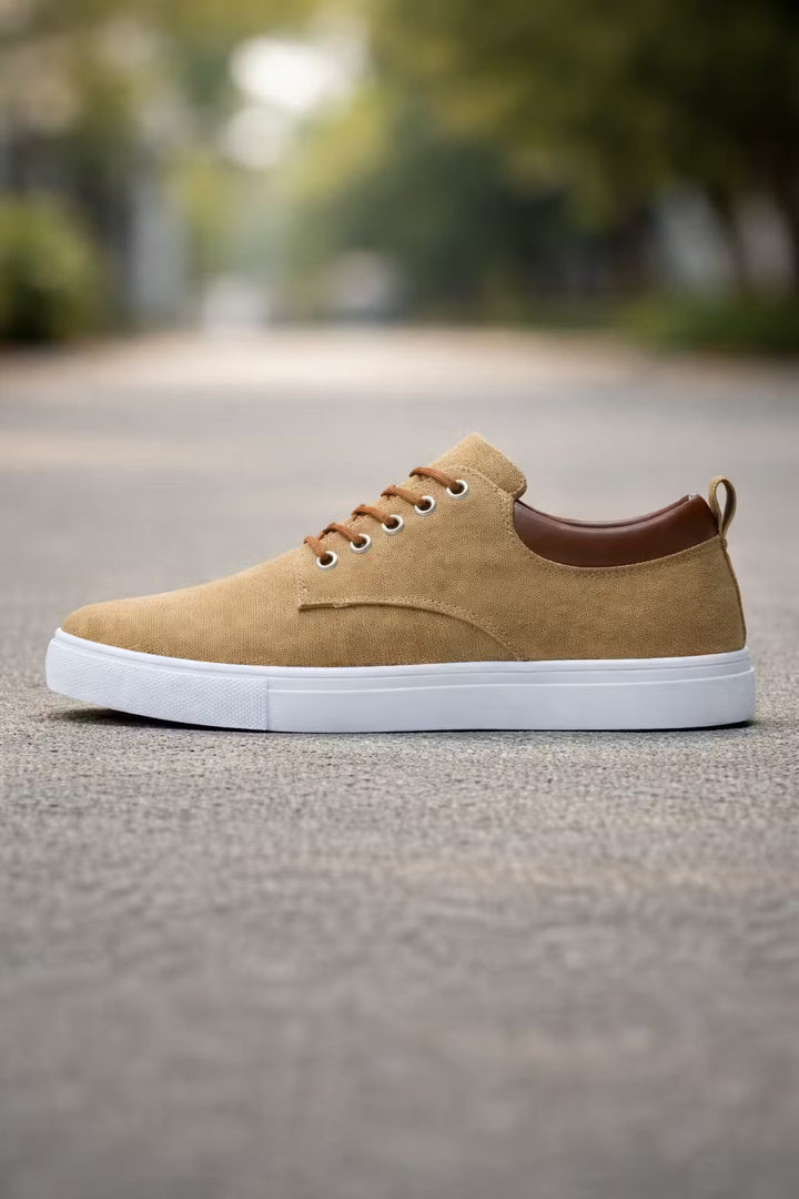 Pair of low-top lace-up trainers viewed from above