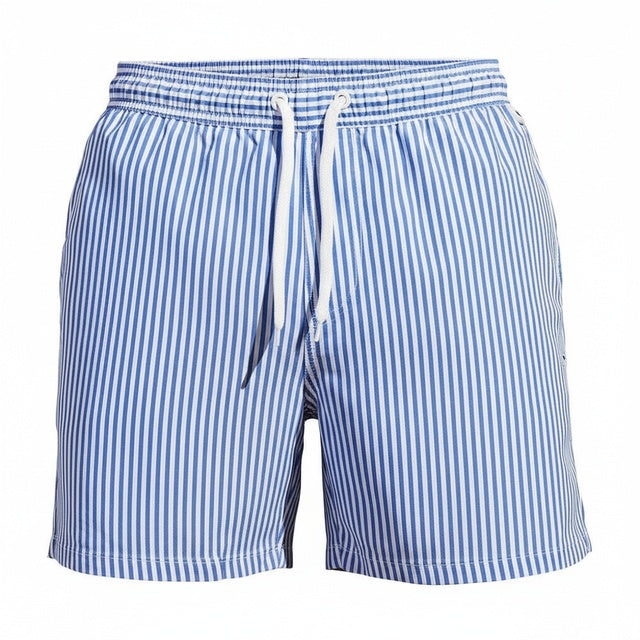 Men's striped swim shorts with drawstring shown from the front
