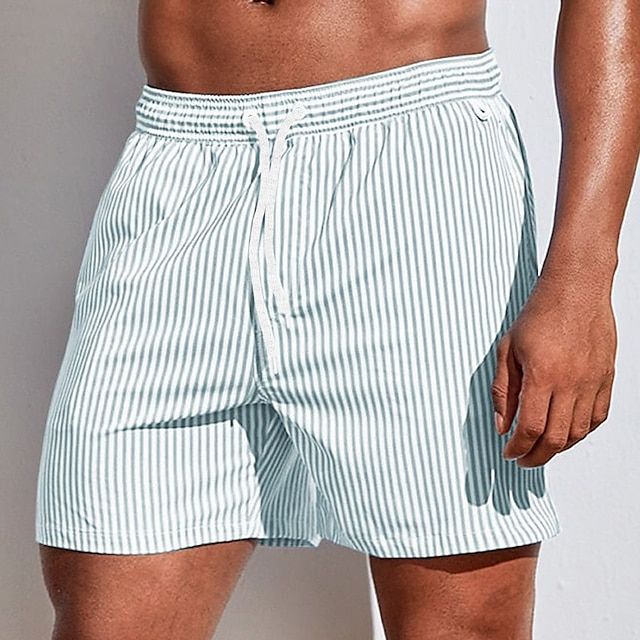 Side view of men's swim shorts with vertical stripe pattern