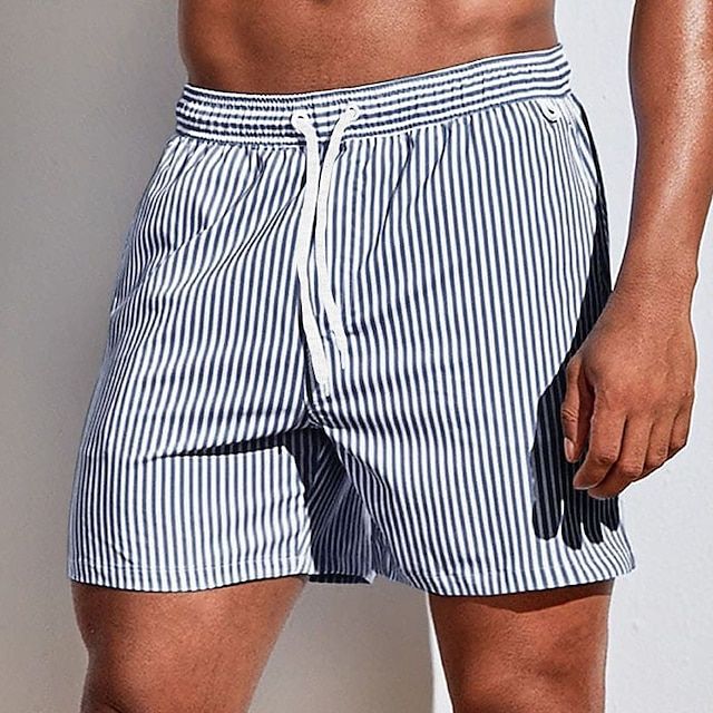 Men's striped swim shorts styled for beach and pool wear