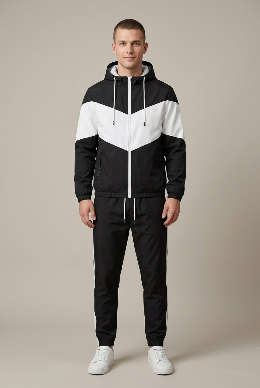 Men's hooded track jacket and jogger set with contrast panel detailing