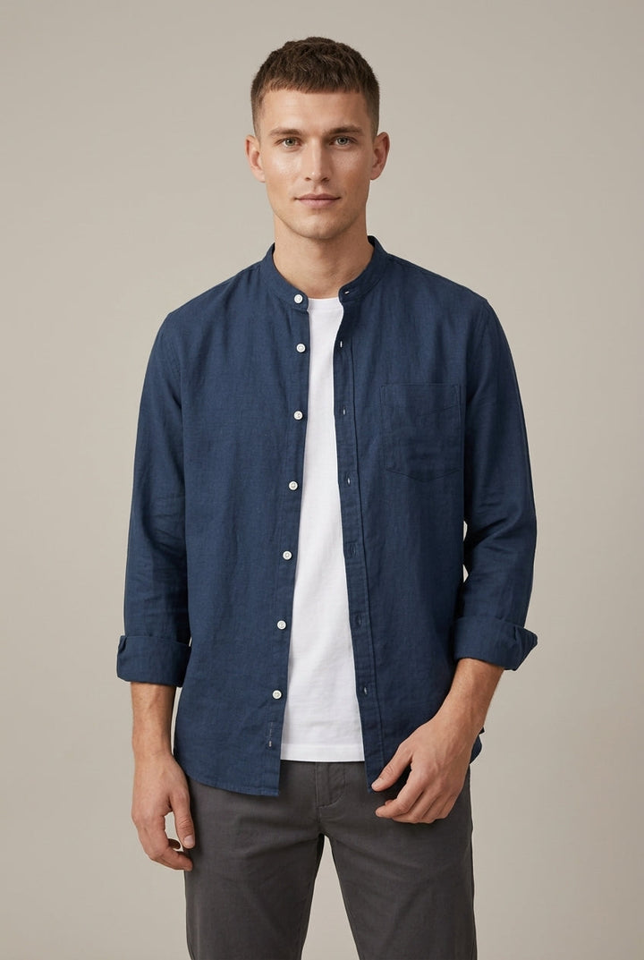 Men's Linen Blend Band Collar Shirt With Pocket