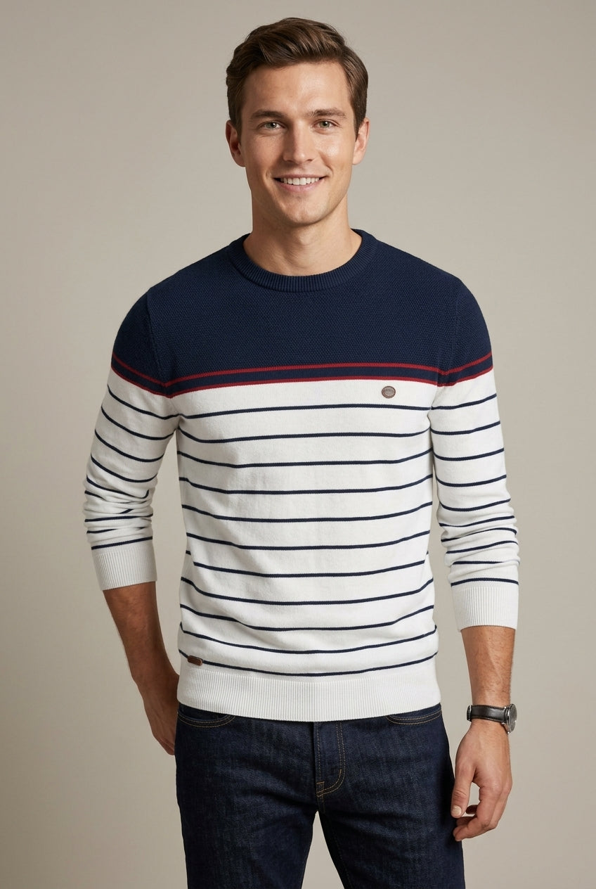 Men's striped crew neck jumper shown from the front