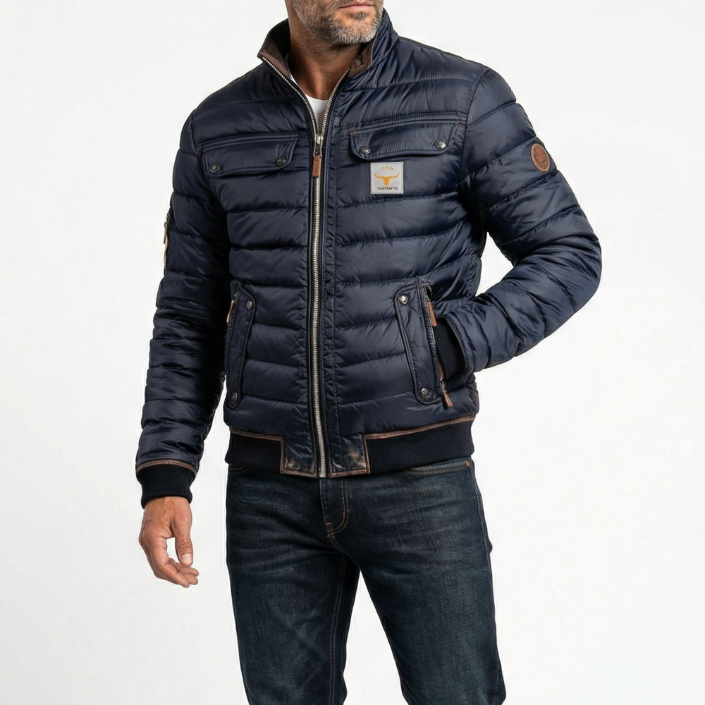 Close-up of the stand collar and front fastening on a men's jacket