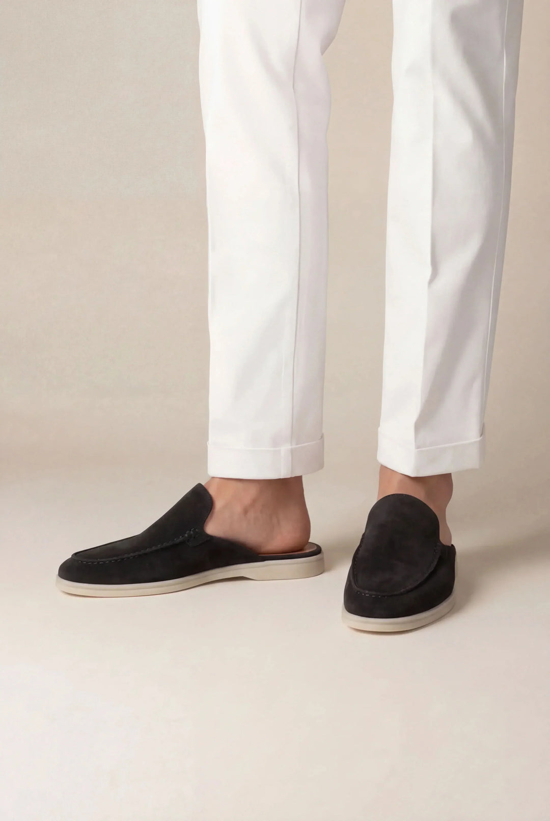 Top view of suede mule sandals with easy slip-on silhouette