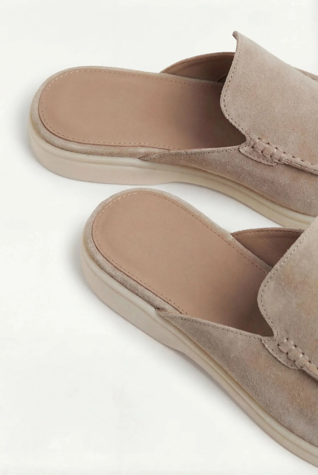 Side view of men's suede mule sandals with casual flat sole