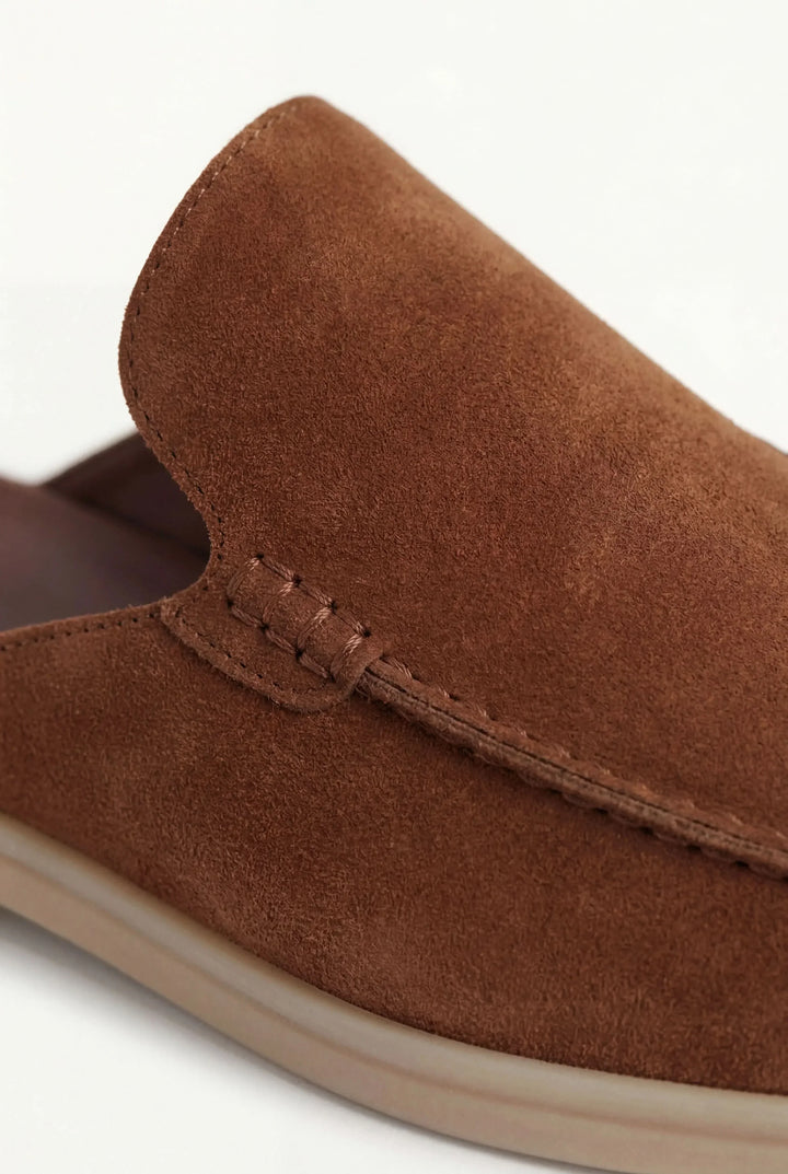 Men's timeless suede leather mules displayed as a pair with minimalist styling