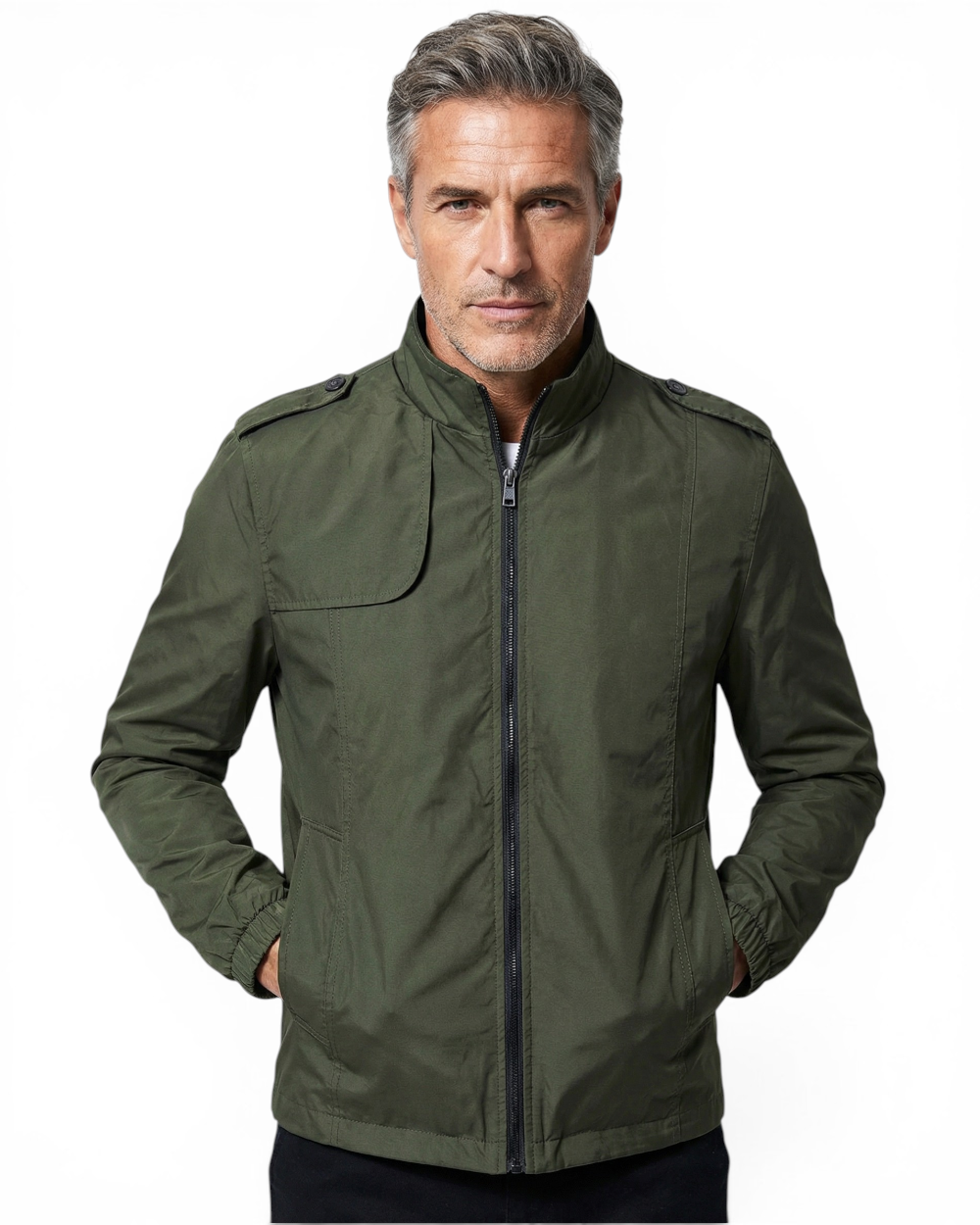 Men's bomber jacket displayed in a classic casual style