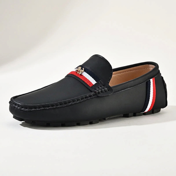 Close-up of the striped upper on men's slip-on loafers