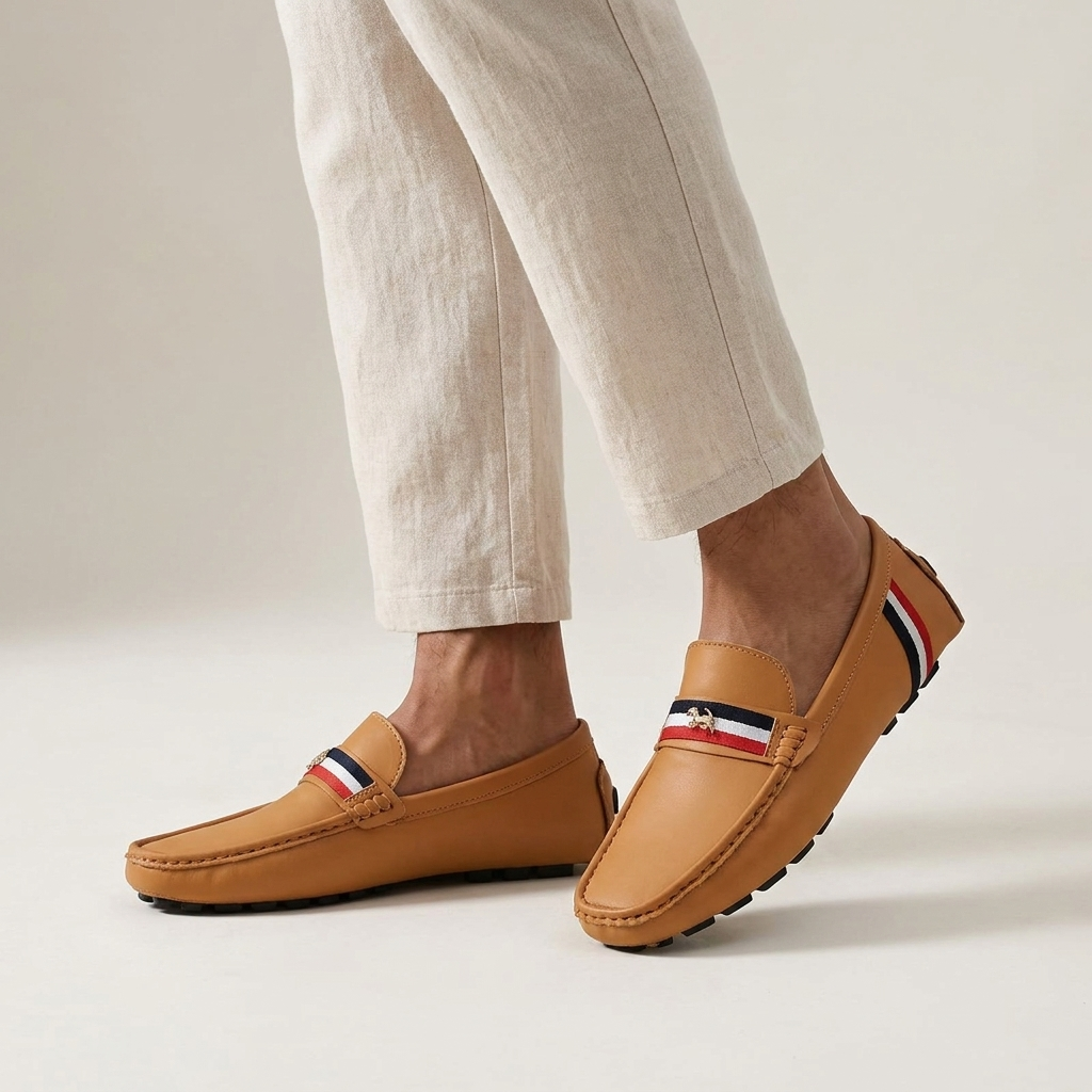 Men's striped loafers displayed from the inner side