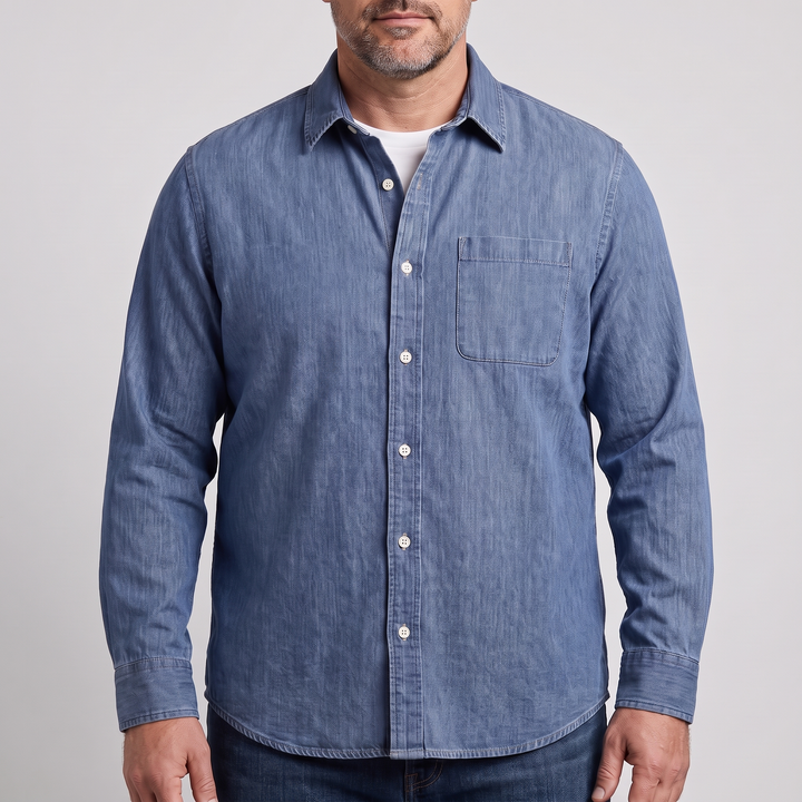 Men's lightweight denim shirt shown from the front
