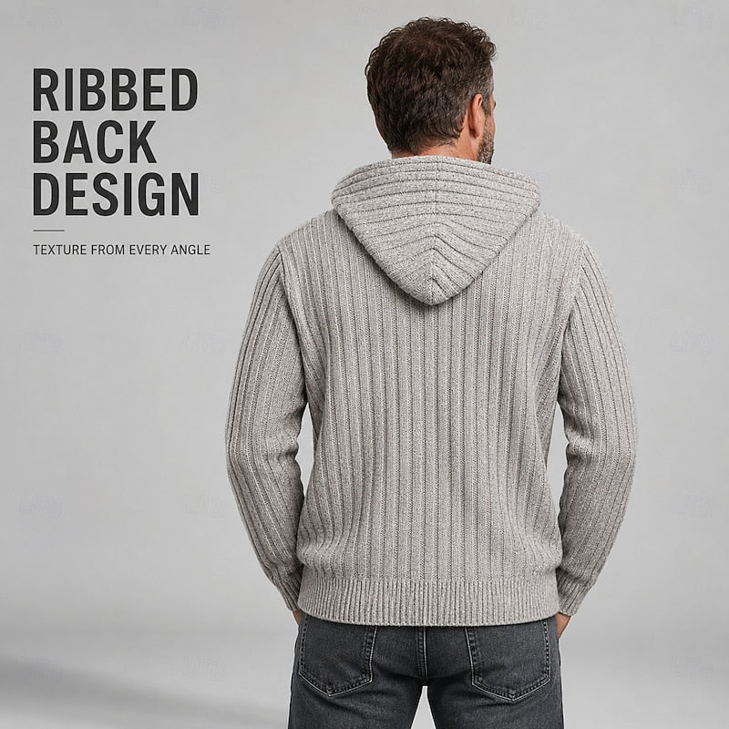 Men's hooded cardigan showing the textured cable knit pattern