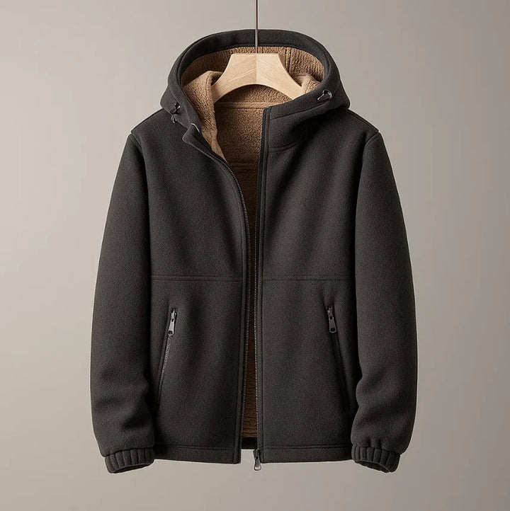 Side view of a classic men's overcoat with a clean tailored silhouette